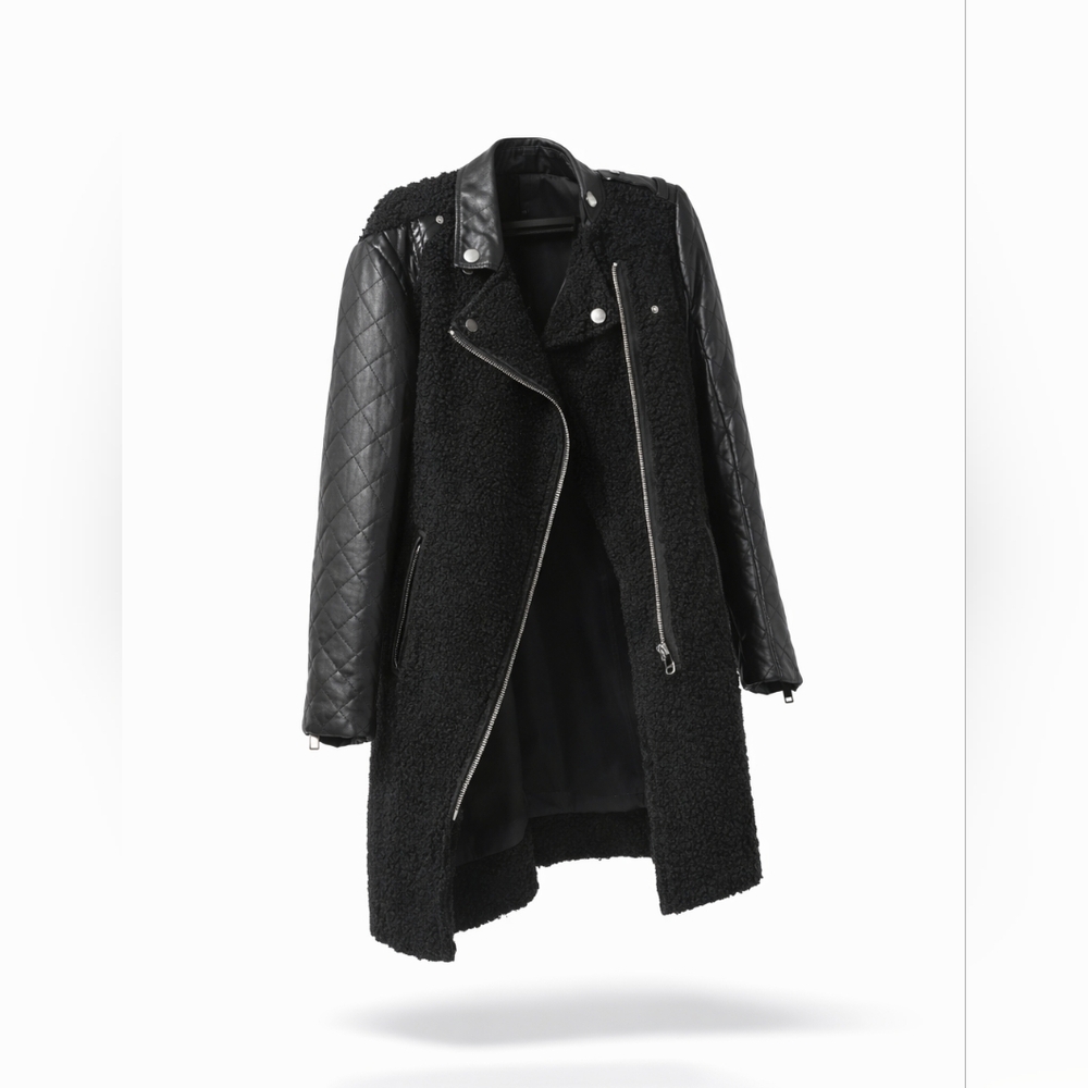 LARGE - Zara Black Leather Jacket with Brown Details
